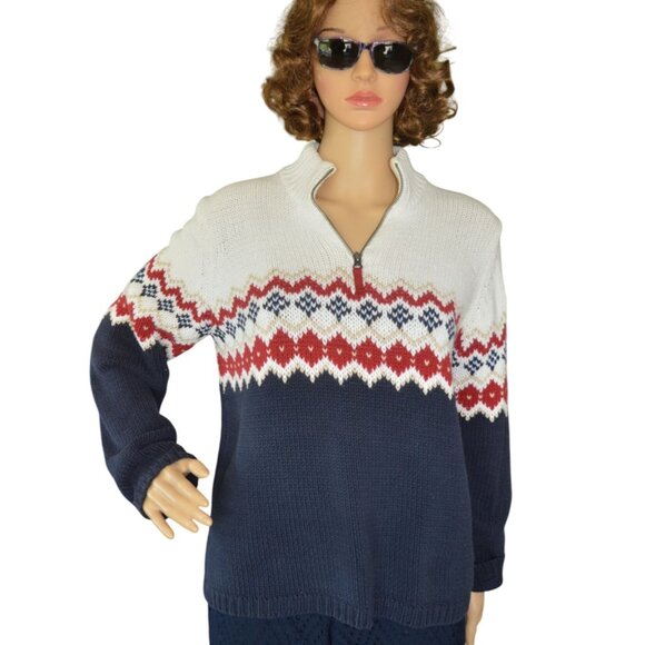 Vintage y2k Eddie Bauer Quarter Zip Knit Preppy Winter Sweater Navy Blue Size M - Picture 1 of 10